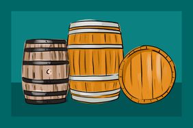 Illustration of two whiskey barrels standing up and one on its side 