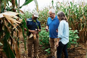 Scott Blackwell and staff of High Wire Distilling Co. examining an ears of Jimmy red corn.