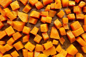 Top view of roasted butternut squash cut in small pieces