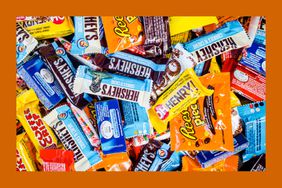 Assorted Halloween candy including individually wrapped chocolates.