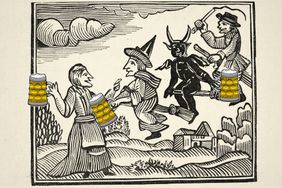 Beers superimposed onto an woodblock print of Vintage illustration of from an 18th Century Chapbook. English Folklore, Mother Shipton, Ursula Southeil an English soothsayer and prophetess. Talking with a Witch, Devil and warlock flying brooms.