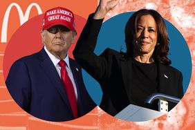 Donald Trump and Kamala Harris over backgrounds including gumbo and the McDonald's logo. 