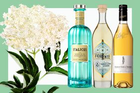 Elderflower blossoms with a bottle of Italicus di Bergamotto, Fiorente Elderflower Liqueur, and Giffard Elderflower.