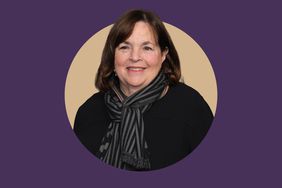 Ina Garten on a beige and purple background. 