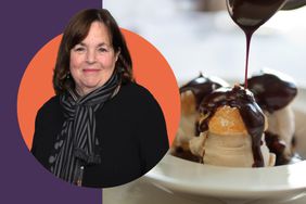 Ina Garten in a photo composite with profiteroles covered in chocolate sauce. 