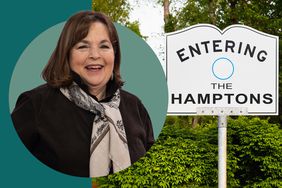 Ina Garten and a sign for the Hamptons in a photo composite together. 