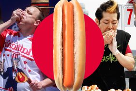 Joey Chestnut and Takeru Kobayashiin a photo composite with a hot dog. 