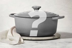 A Le Creuset dutch oven desaturated of color with a question mark above it. 