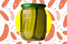 A pickle jar in a photo composite with a pickle illustration in the background. 