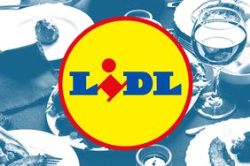 The LIDL logo over a blue tinted image of a Thanksgiving table.