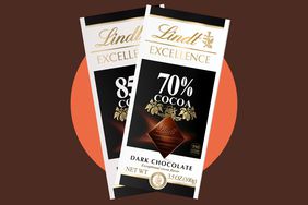 Two bars of Lindt chocolate on an orange and brown background. 