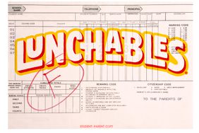 The Lunchables logo on a report card with a grade F. 