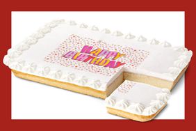 The McDonald's birthday cake on a white background with a red border. 