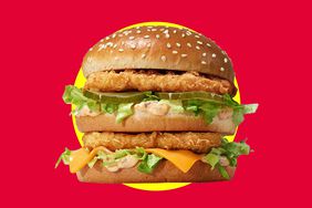 The McDonald's Chicken Big Mac on a yellow and red background.