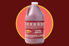 McRib Sauce in a 64 ounce jug over a maroon background. 