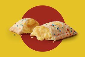 A McDonald's Holiday pie on a red and yellow background. 