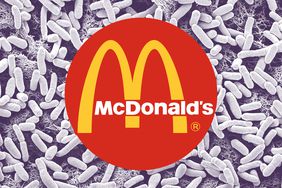 The McDonald's logo with a background of E.Coli magnified.