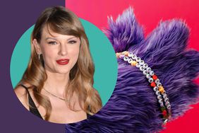 Taylor Swift in a photo composite with a furry purple hand wearing friendship bracelets. 