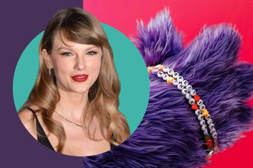 Taylor Swift in a photo composite with a furry purple hand wearing friendship bracelets. 