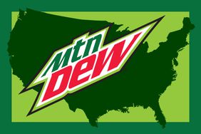 The Mountain Dew logo over a silhouette of the Continental United States. 