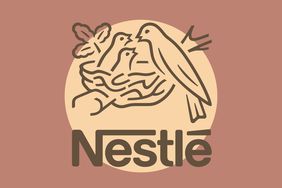 The Nestle logo on a beige and peach colored background.