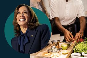 Vice President Kamala Harris in a photo composite with an image of a cooking class.