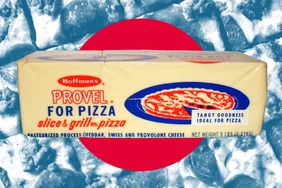 A five pound block of Hoffman's Provel cheese over a red and blue background and St. Louis pizza. 