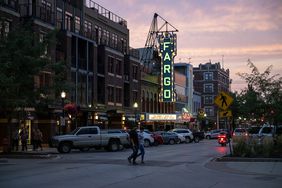 A Fargo sign illuminates a street in North Dakota.