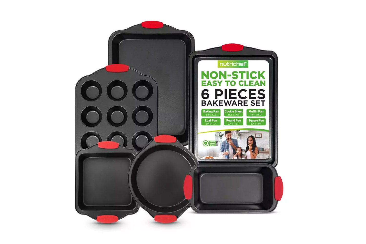 NutriChef 6-Piece Nonstick Bakeware Set with Red Silicone Handles 