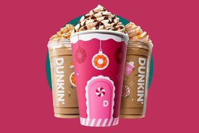 Dunkin Holiday Cookie Signature Latte, Peppermint Mocha Signature Latte + Toasted White Chocolate Signature Latte on a magenta background.