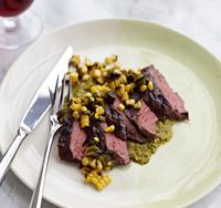 Grilled Skirt Steak with Poblano-Corn Sauce and Salsa