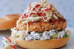 Pan-Fried Salmon Burgers with Cabbage Slaw and Avocado Aioli