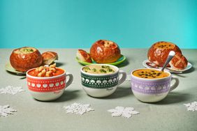 Panera's holiday soup cups with bread bowls in the background.