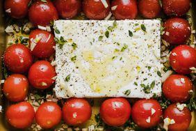 Viral Tiktok pasta with tomatoes, feta cheese, garlic and herbs.