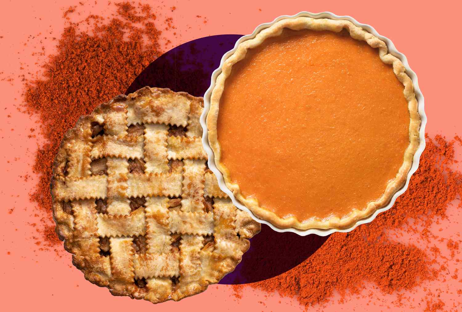 An apple pie, pumpkin pie and spices on a salmon and purple background. 