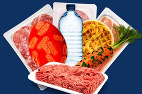 Packaged meats, ground beef, bottled water, an egg, carrot and waffle as a food recall concept.