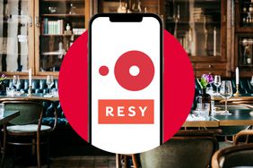 The OpenTable and RESY logos on a phone in a photo composite with an interior or a restaurant. 