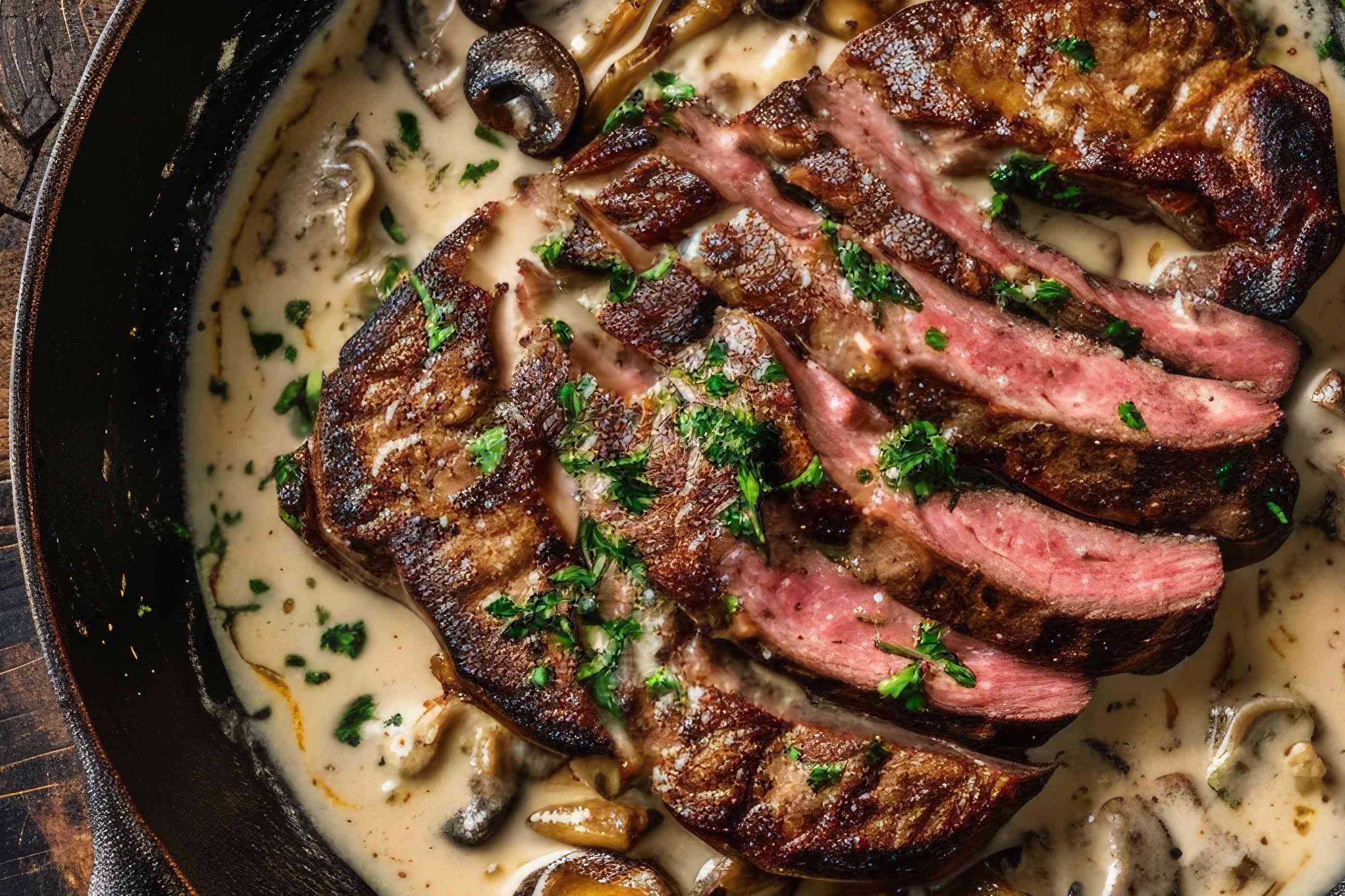 Steak with Cognac Cream Sauce. Traditional barbecue dry aged angus roast beef steak natural with mushrooms and onions in cream sauce served as top view in a classic skillet.