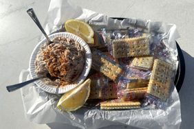 Top down view of smoked fish dip and crackers at Blue Parrot Oceanfront Cafe.