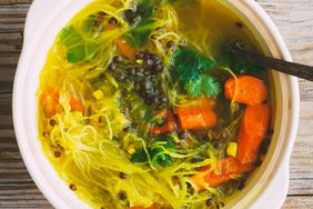 Squash Noodle Soup with Healing Turmeric-Ginger Broth, Roasted Carrots and Beluga Lentils