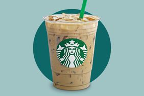 A Starbucks ice coffee on a teal background. 