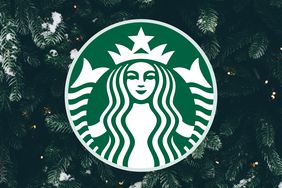 The Starbucks logo over a snow covered pine tree. 