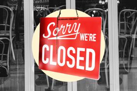 Photo composite of closed sign over stacked restaurant chairs 