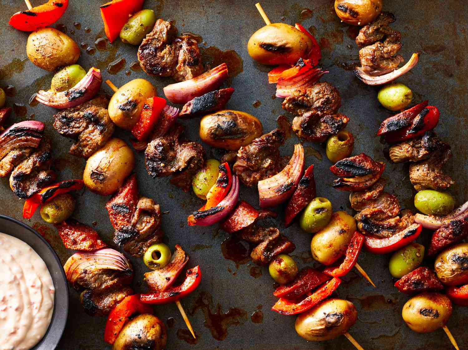 Steak, Potato, and Chorizo Kebabs with Red Pepper Mayo