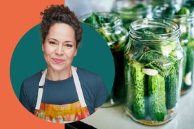 Chef Stephanie Izard in a photo composite with jars of pickles. 