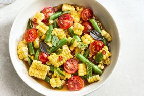 Thai-Inspired Corn Salad in a white bowl