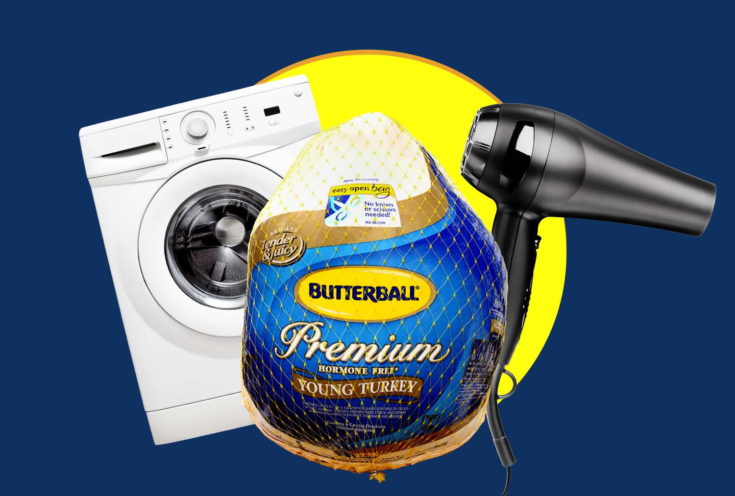 A Butterball frozen turkey in front of a clothes dryer and hair dryer, over a yellow and blue background. 