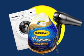 A Butterball frozen turkey in front of a clothes dryer and hair dryer, over a yellow and blue background. 