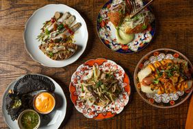 Top down view of dishes at The Port of Call in Mystic, Connecticut