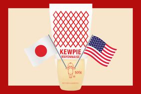 Kewpie mayo with a Japanese and an American flag